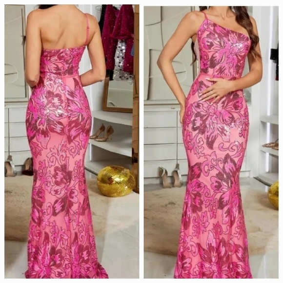 Pink,Floral,Diagonal Collar, Sleeveless, Backless, Spaghetti Strap, Sequ… - Picture 1 of 14